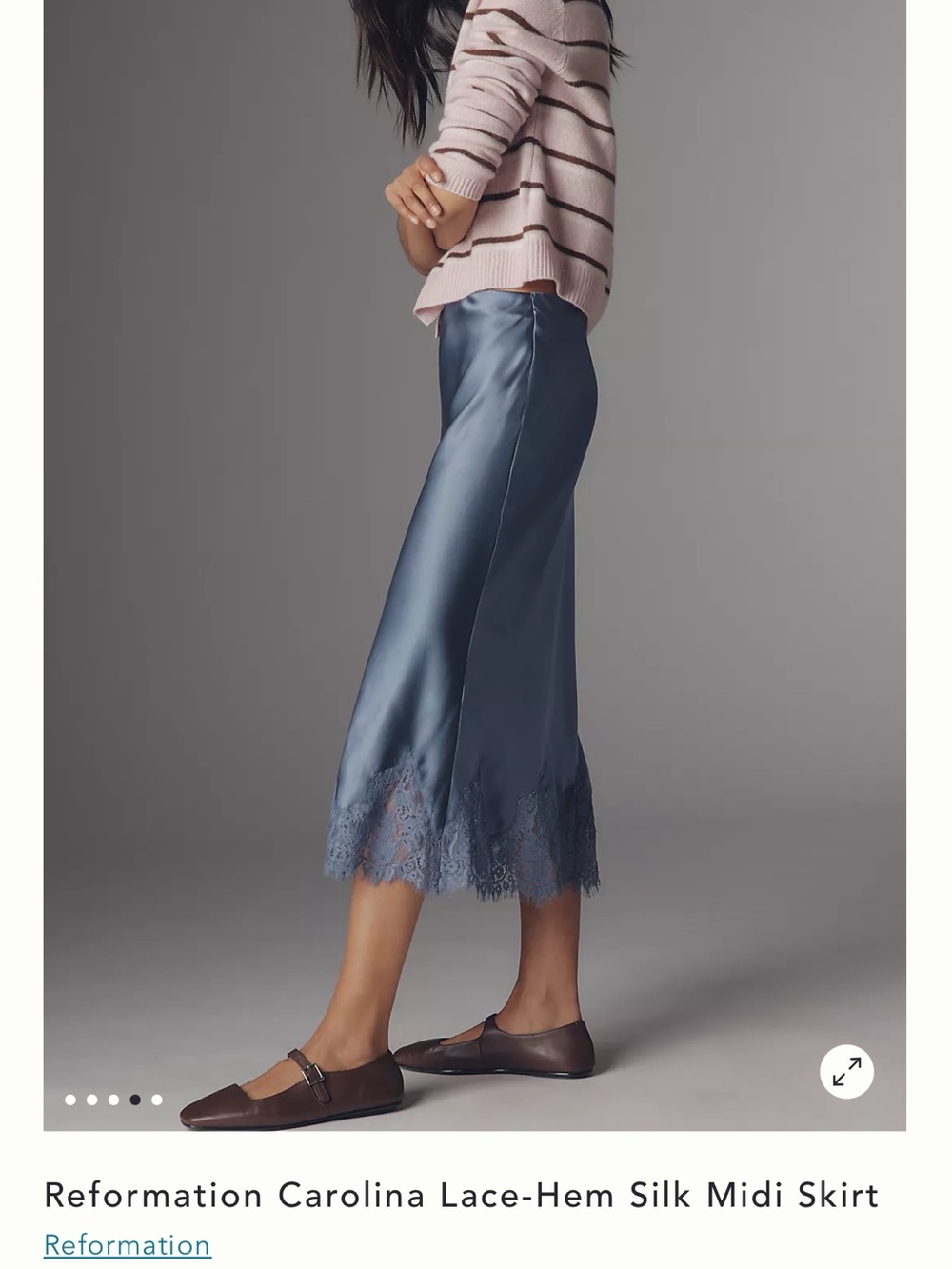 Reformation Satin Lace-Hem Midi Skirt in Slate Blue - Picture 4 of 5
